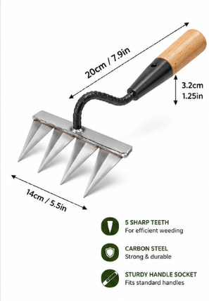 Heavy Duty Carbon Steel Garden Weeding Tool with 5 Teeth