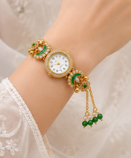Boho Gold & Green Tassel Bracelet Watch