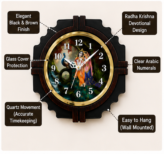 Radha Krishna Analog Wall Clock – Black & Brown
