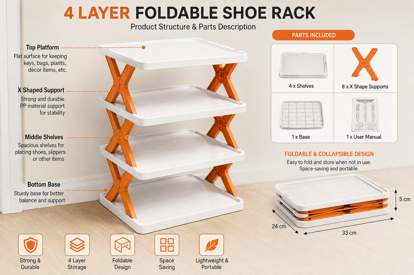 4 Layer Shoes Stand – Multifunctional Entryway Foldable & Collapsible Door Shoe Rack