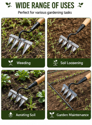 Heavy Duty Carbon Steel Garden Weeding Tool with 5 Teeth