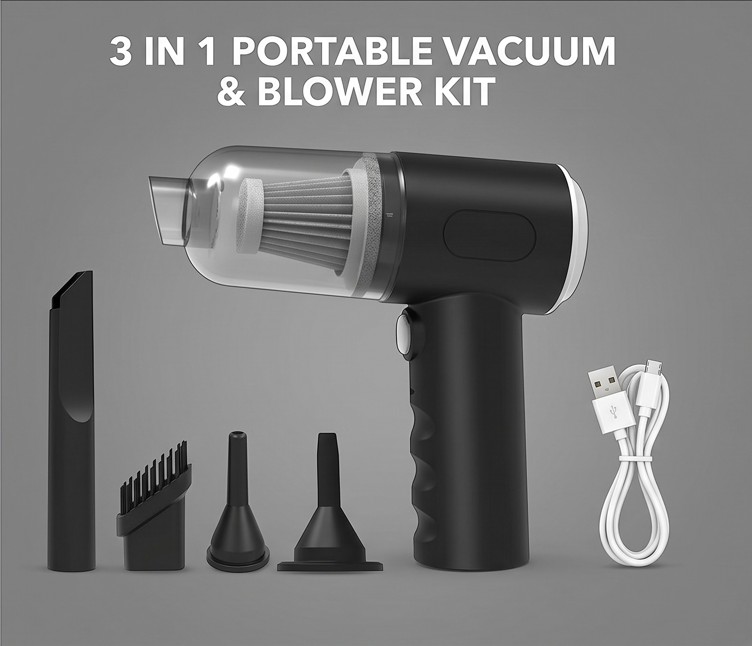 3-in-1 Portable Vacuum Cleaner, Air Blower & Mini Dust Buster (USB Rechargeable)
