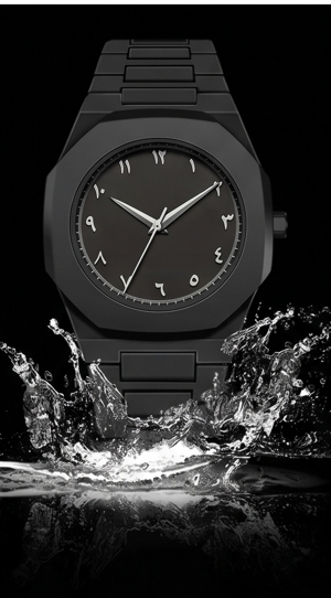 Matte Black Analog Wristwatch with Eastern Arabic Dial