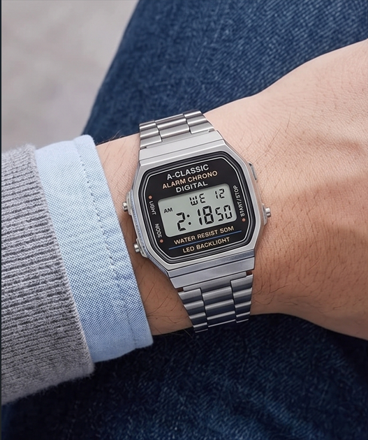 Classic Retro Digital Unisex Watch – Stainless Steel Strap with LED Display (1 Piece)
