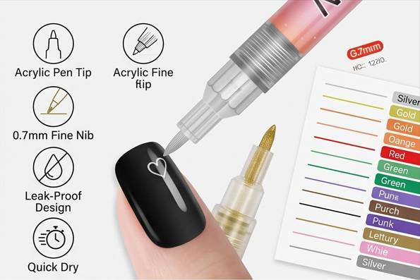 12 Colours Nail Art Pen Set – Fine Tip Nail Design Pens for DIY Nail Art (1 Set)