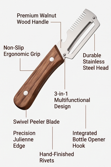 3-in-1 Multifunctional Vegetable Peeler with Wooden Grip