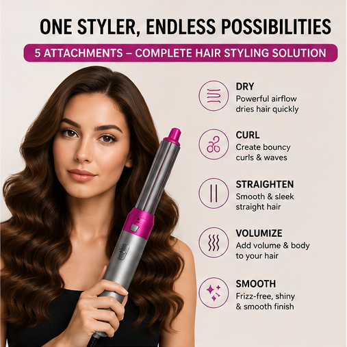 5-in-1 Hot Air Styler – Hair Dryer, Curler, Straightener & Volumizer
