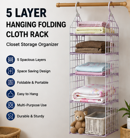 5 Layer Hanging Folding Cloth Rack – Space-Saving Closet Storage Organizer