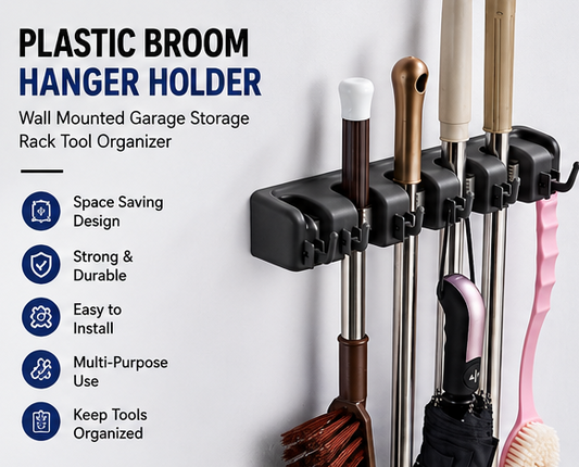 Plastic Broom Hanger Holder – Wall Mounted Garage Storage Rack for Broom, Mop & Rake Handles