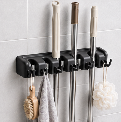 Plastic Broom Hanger Holder – Wall Mounted Garage Storage Rack for Broom, Mop & Rake Handles