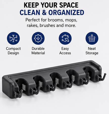 Plastic Broom Hanger Holder – Wall Mounted Garage Storage Rack for Broom, Mop & Rake Handles