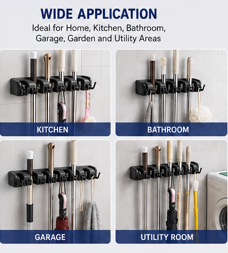 Plastic Broom Hanger Holder – Wall Mounted Garage Storage Rack for Broom, Mop & Rake Handles