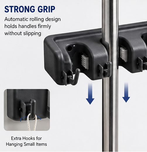 Plastic Broom Hanger Holder – Wall Mounted Garage Storage Rack for Broom, Mop & Rake Handles