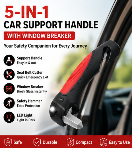 5-in-1 Car Support Handle with Window Breaker, Seat Belt Cutter & LED Light