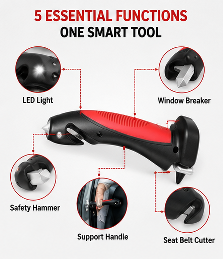 5-in-1 Car Support Handle with Window Breaker, Seat Belt Cutter & LED Light