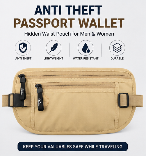 Anti Theft Passport Wallet for Men & Women | Hidden Waist Pouch Travel Security Bag