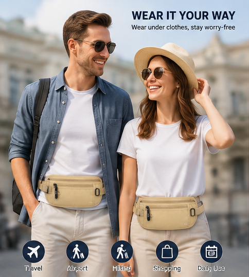 Anti Theft Passport Wallet for Men & Women | Hidden Waist Pouch Travel Security Bag