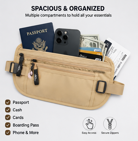 Anti Theft Passport Wallet for Men & Women | Hidden Waist Pouch Travel Security Bag