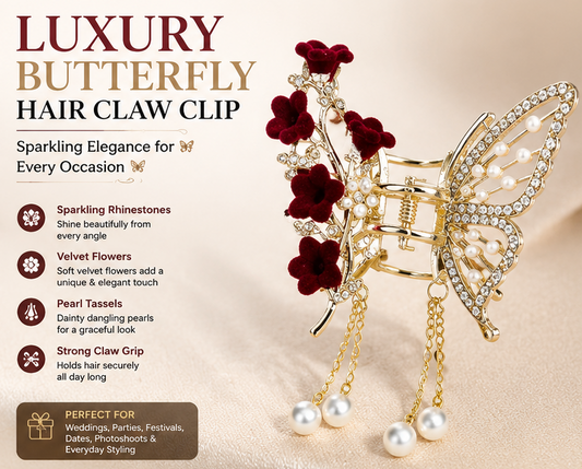 Luxury Butterfly Hair Claw Clip with Rhinestones, Velvet Flowers & Pearl Tassels | Elegant Hair Accessory for Women & Girls