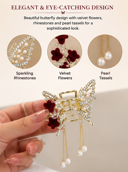 Luxury Butterfly Hair Claw Clip with Rhinestones, Velvet Flowers & Pearl Tassels | Elegant Hair Accessory for Women & Girls