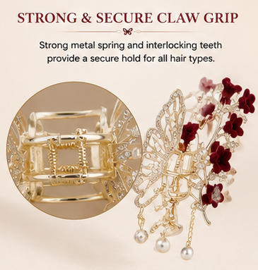 Luxury Butterfly Hair Claw Clip with Rhinestones, Velvet Flowers & Pearl Tassels | Elegant Hair Accessory for Women & Girls