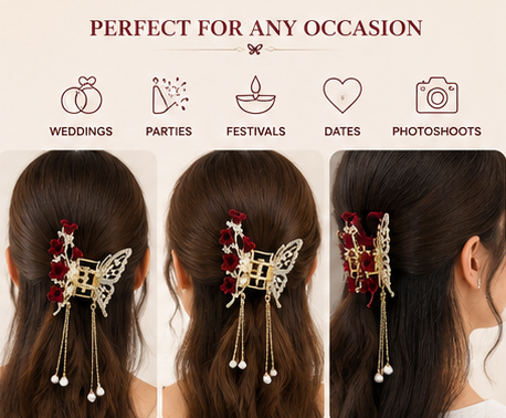 Luxury Butterfly Hair Claw Clip with Rhinestones, Velvet Flowers & Pearl Tassels | Elegant Hair Accessory for Women & Girls