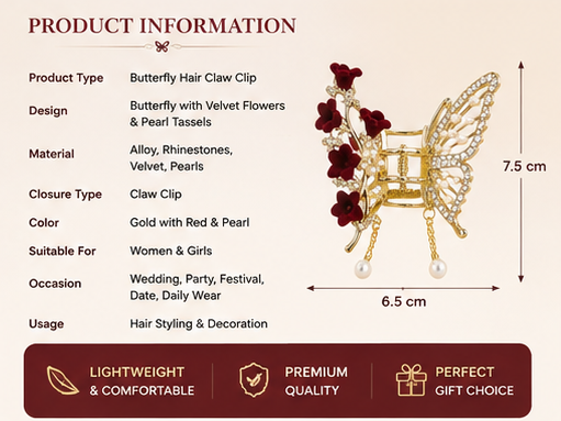 Luxury Butterfly Hair Claw Clip with Rhinestones, Velvet Flowers & Pearl Tassels | Elegant Hair Accessory for Women & Girls