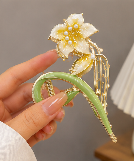 Lily Hair Claw Clip for Women & Girls | Elegant Metal Alloy Flower Hair Clip with Pearl Details