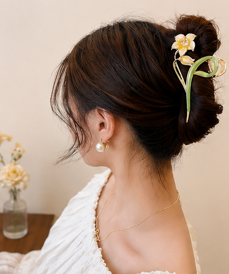 Lily Hair Claw Clip for Women & Girls | Elegant Metal Alloy Flower Hair Clip with Pearl Details