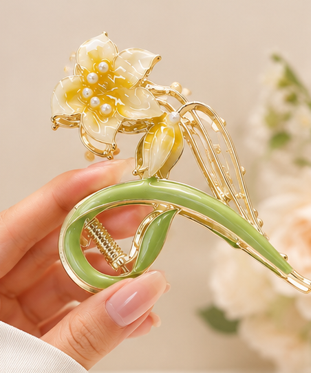 Lily Hair Claw Clip for Women & Girls | Elegant Metal Alloy Flower Hair Clip with Pearl Details