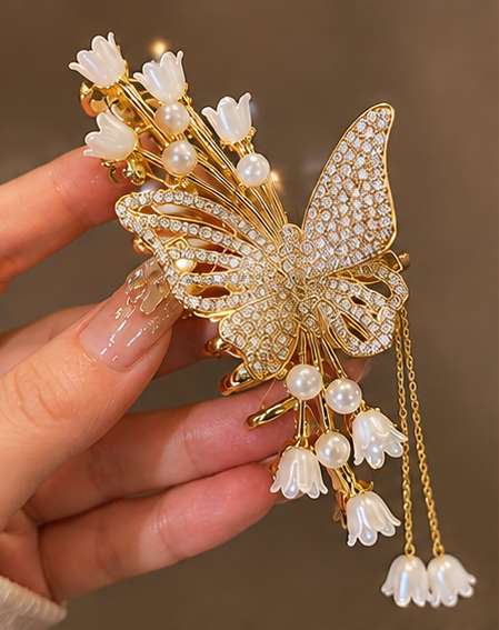 Luxury Butterfly Pearl Hair Claw Clip for Women & Girls | Korean-Inspired Rhinestone Hair Clutcher