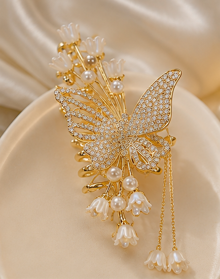 Luxury Butterfly Pearl Hair Claw Clip for Women & Girls | Korean-Inspired Rhinestone Hair Clutcher