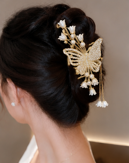 Luxury Butterfly Pearl Hair Claw Clip for Women & Girls | Korean-Inspired Rhinestone Hair Clutcher