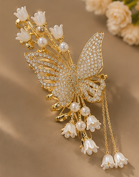 Luxury Butterfly Pearl Hair Claw Clip for Women & Girls | Korean-Inspired Rhinestone Hair Clutcher