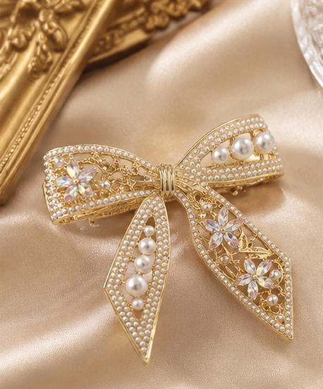 Diversa Gold Plated Pearl Bowknot Hair Clip | CZ Stone French Barrette for Women & Girls