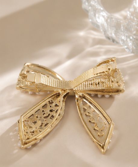 Diversa Gold Plated Pearl Bowknot Hair Clip | CZ Stone French Barrette for Women & Girls