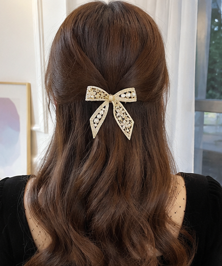 Diversa Gold Plated Pearl Bowknot Hair Clip | CZ Stone French Barrette for Women & Girls