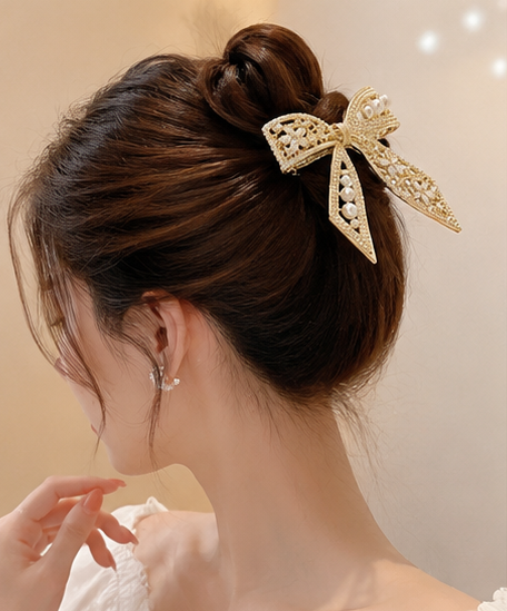 Diversa Gold Plated Pearl Bowknot Hair Clip | CZ Stone French Barrette for Women & Girls
