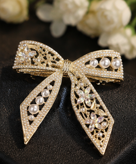 Diversa Gold Plated Pearl Bowknot Hair Clip | CZ Stone French Barrette for Women & Girls