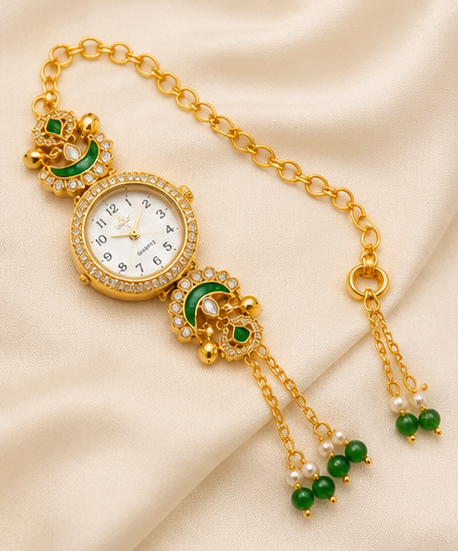 Boho Gold & Green Tassel Bracelet Watch