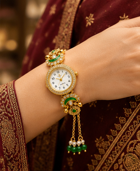 Boho Gold & Green Tassel Bracelet Watch