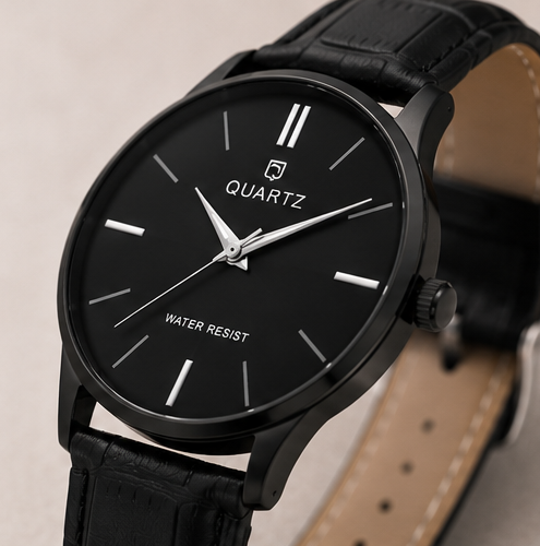 Men's Classic Black Analog Leather Watch