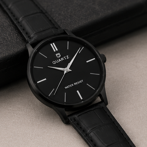 Men's Classic Black Analog Leather Watch