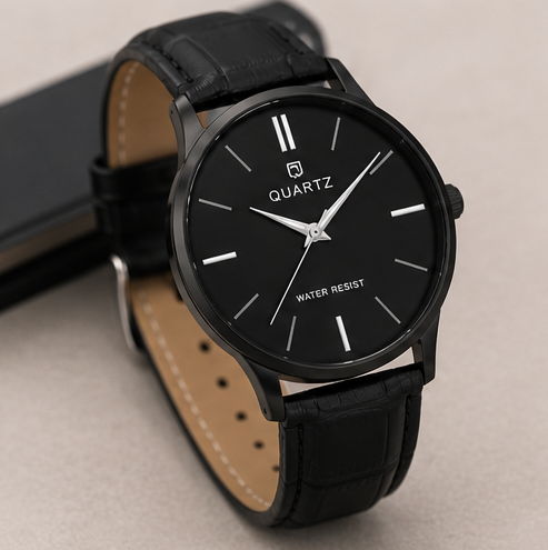 Men's Classic Black Analog Leather Watch