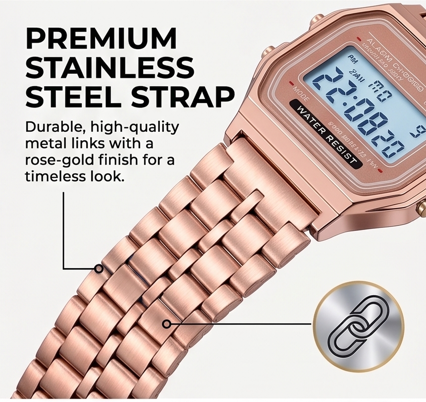 Retro Digital Unisex Watch – Stainless Steel Strap with LED Display (1 Piece)