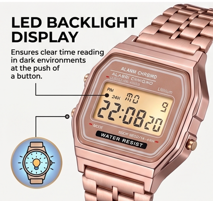 Retro Digital Unisex Watch – Stainless Steel Strap with LED Display (1 Piece)