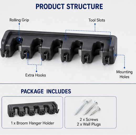 Plastic Broom Hanger Holder – Wall Mounted Garage Storage Rack for Broom, Mop & Rake Handles
